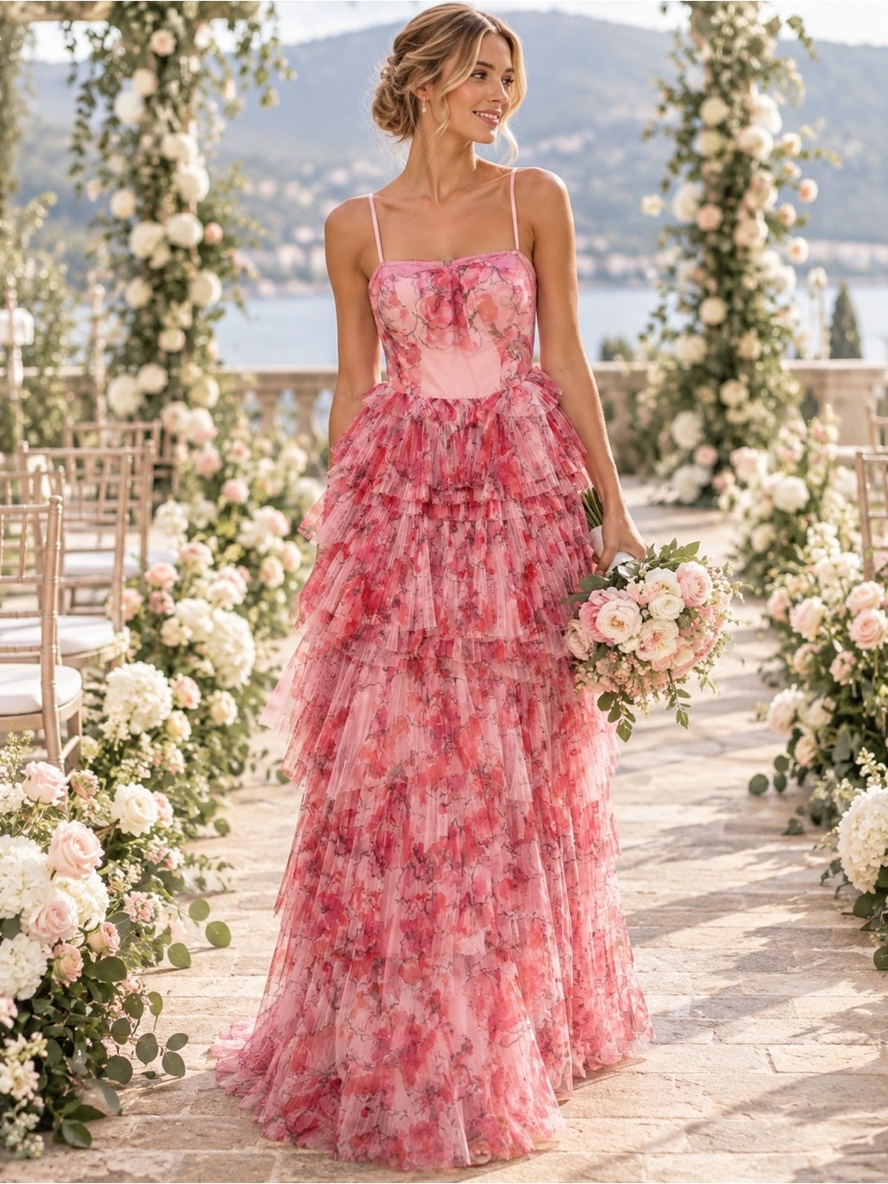 Hatch Pink and Red Floral Tiered Tulle Evening Dress